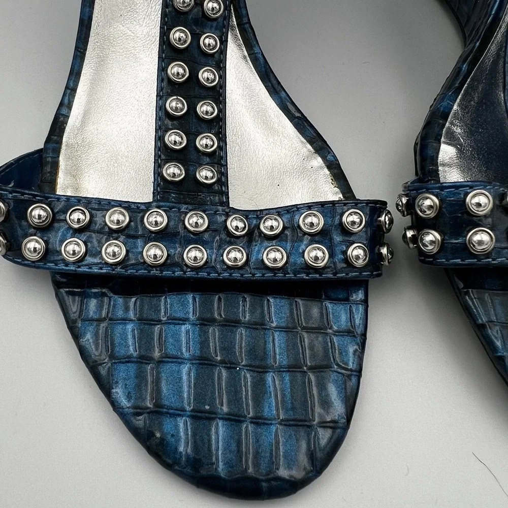 White House Black Market Paris Blue Studded Ankle Strap Wedges‎ Size 9.5